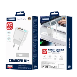 JELLICO Netz-Ladegerät EU11 PD 20W 1xUSB-C + 1xUSB QC3.0 + Kabel USB-C - Lightning weiss