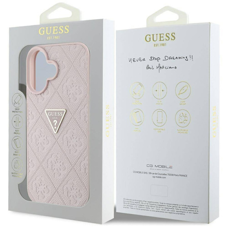 Case IPHONE 16 Guess Hot Stamp 4G Pattern Triangle Metal Logo pink