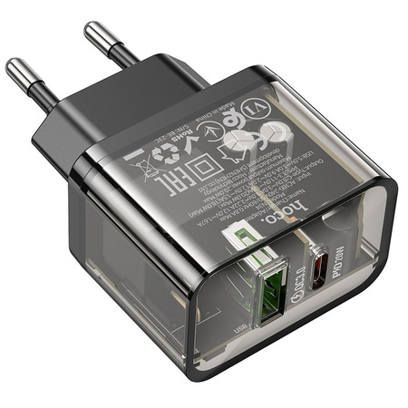 Ładowarka sieciowa do telefonu Hoco USB A + USB C QC3.0 PD 3A 20W N34 transparentna