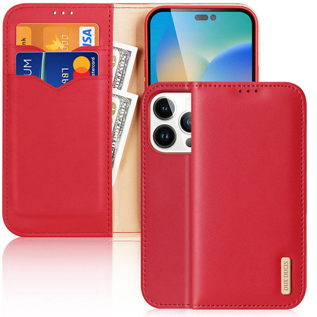 Dux Ducis Hivo Leather Flip Cover Genuine Leather Wallet for Cards and Documents iPhone 14 Pro Red