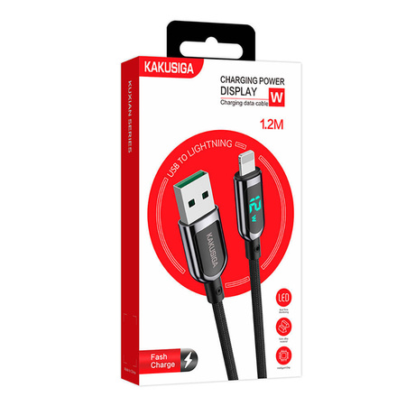 Kabel USB - Lightning 12W 5A 1,2m Wyświetlacz LED Szybkie Ładowanie i Przesyłanie Danych Kakusiga Digital Display Fast Charging Data Cable (KSC-599) czarny