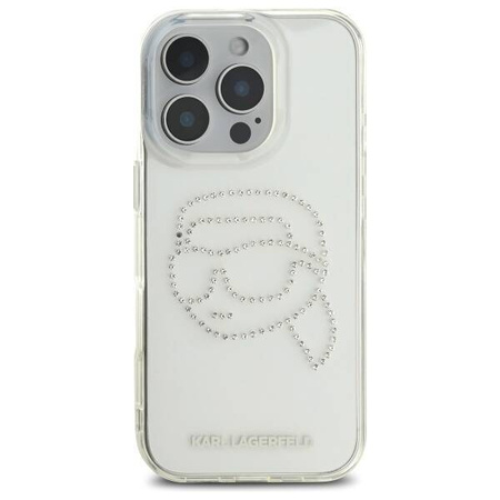 Original Handyhülle IPHONE 16 PRO MAX Karl Lagerfeld Hardcase IML Rhinestones Karl Head (KLHCP16XHKHDCELT) transparent