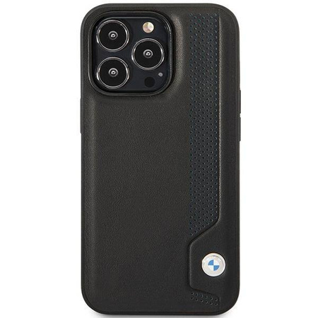 Oryginalne Etui IPHONE 14 PRO BMW Hardcase Leather Blue Dots (BMHCP14L22RBDK) czarne