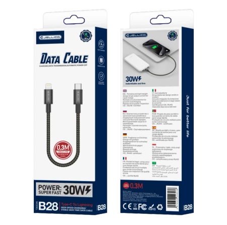 JELLICO kabel B28 USB-C - Lightning PD 30W 0.3M Czarny
