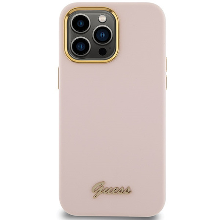Guess Silikon Script Metal Logo &amp; Frame Hülle für iPhone 15 Pro Max – Rosa