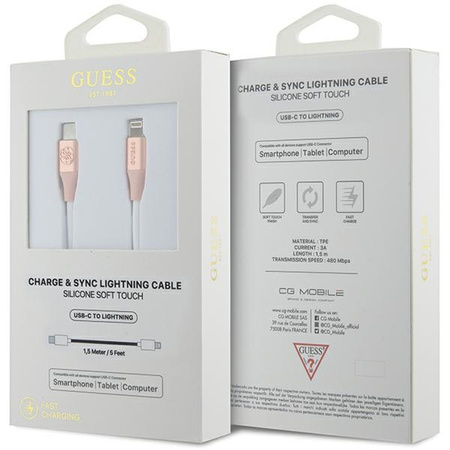 Guess GUCLLALRGDP kabel USB-C - Lightning 1.5m Fast Charging różowy/pink Ebossed Logo
