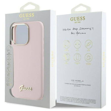 Original Case IPHONE 16 PRO Guess Hardcase Silicone Script Metal Logo & Frame (GUHCP16LSMBSLP) pink