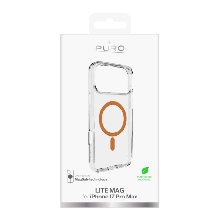 Etui Puro Lite Mag TPU+PC kompatybilne z MagSafe na iPhone 17 Pro Max - przezroczyste z pomarańczowym pierścieniem