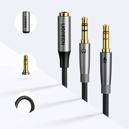 Ugreen kabel rozdzielacz AUX 3,5 mm mini jack (żeński) - 2x 3,5 mm mini jack (męski - mikrofon i słuchawki) srebrny (AV193 50255)