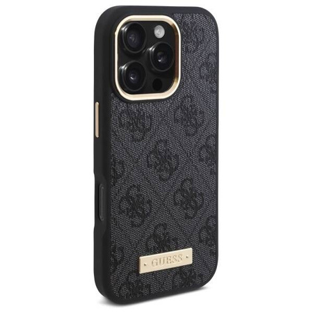 Original Handyhülle IPHONE 16 PRO MAX Guess Hardcase 4G Logo Plate MagSafe (GUHMP16XU4GPRK) schwarz