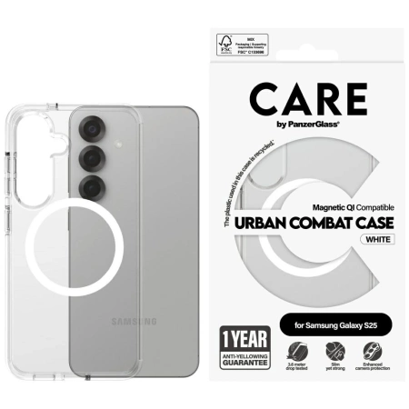 CARE by PanzerGlass Flagship Urban Combat White QI-Hülle für Samsung Galaxy S25 – transparent