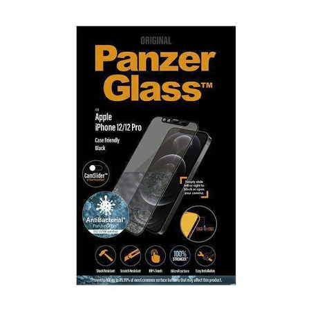 Szkło Hartowane IPHONE 12 / 12 PRO PanzerGlass E2E Microfracture CamSlider Case Friendly AntiBacterial czarne