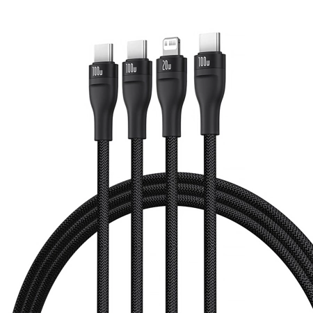 Kabel 3w1 Baseus Flash Series 3 100W USB-C - USB-C+USB-C+Lightning 1,5m + 3 x 0,25 m - czarny