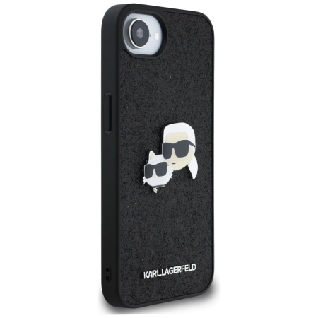 Karl Lagerfeld iPhone 16e Hülle mit festem Glitzer Karl&amp;Choupette Heads Metallstift - Schwarz