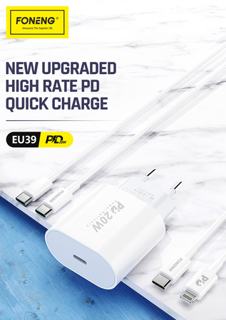 Foneng Ładowarka sieciowa EU39 - Typ C - PD 20W 3A z kablem Typ C na Typ C biała
