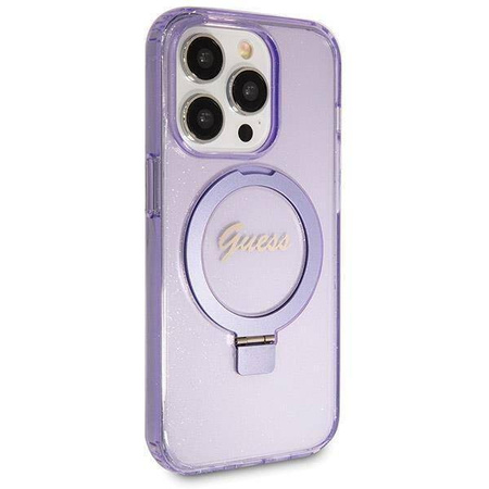 Oryginalne Etui IPHONE 14 PRO Guess Hardcase Ring Stand Script Glitter MagSafe (GUHMP14LHRSGSU) fioletowe