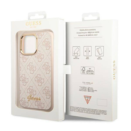Oryginalne Etui IPHONE 14 PRO MAX Guess Hard Case 4G Vintage Gold Logo (GUHCP14XHG4SHP) różowe