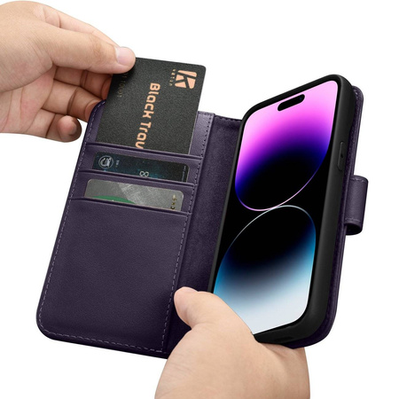 iCarer Wallet Case 2in1 etui iPhone 14 Pro skórzany pokrowiec z klapką Anti-RFID ciemnofioletowy (WMI14220726-DP)