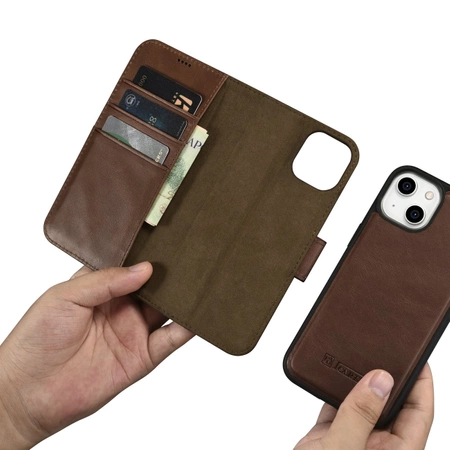 iCarer Oil Wax Wallet Case 2in1 etui iPhone 14 skórzany pokrowiec z klapką Anti-RFID brązowy (WMI14220721-BN)