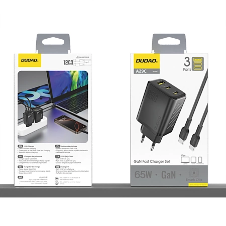 Dudao A29C 65W GaN Wandladegerät + USB-C Kabel - Schwarz