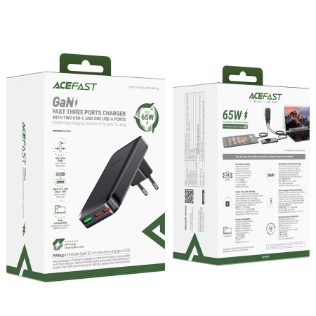 Acefast A100 65W GaN 2 USB-C+ USB-A Charger Ultra Slim - Black
