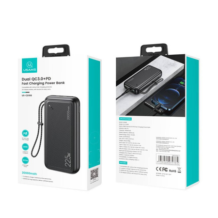Power Bank 20000mAh PB60 22.5W 2xUSB QC3.0 + USB-C PD3.0 + Micro USB External Battery Fast Charge Usams US-CD168 black