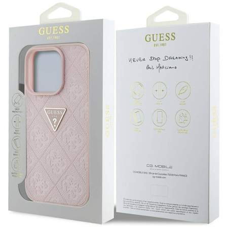 Schutzhülle IPHONE 16 PRO Guess Hot Stamp 4G Pattern Triangle Metal Logo rosa