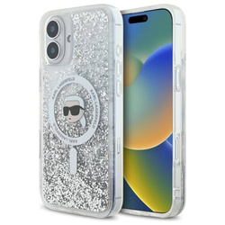 Original Handyhülle IPHONE 16 Karl Lagerfeld Hardcase Liquid Glitter Karl Head MagSafe (KLHMP16SLGKISGH) transparent