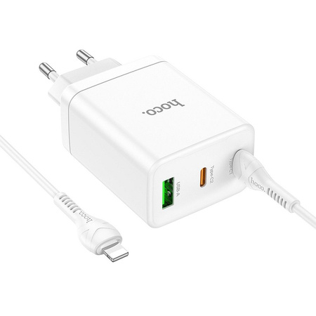 HOCO ładowarka sieciowa 2 x Typ C + USB A + kabel Typ C do Lightning QC PD 35W N33 biała
