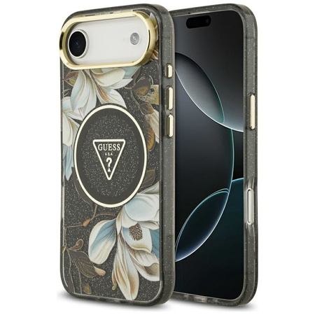 Guess Nakładka Magsafe IML Case Glitter Flowers And Triangle With Metal Camera Frame And Buttons Do iPhone 17 Air Czarna
