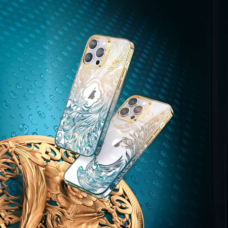 Luxuriöse iPhone 14-Hülle mit Kingxbar Phoenix-Kristallen – Gold und Blau