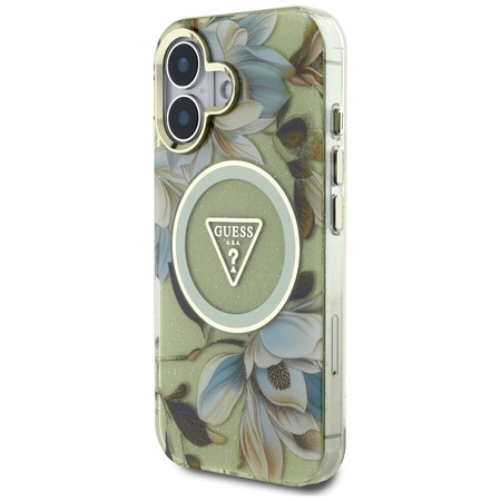 Etui IPHONE 16 Guess Glitter Flowers Triangle Buttons MagSafe zielone