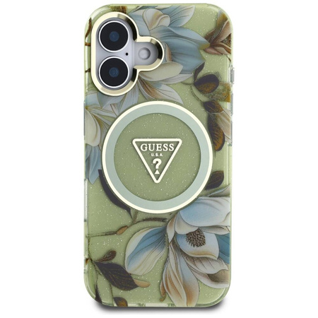 Etui IPHONE 16 Guess Glitter Flowers Triangle Buttons MagSafe zielone