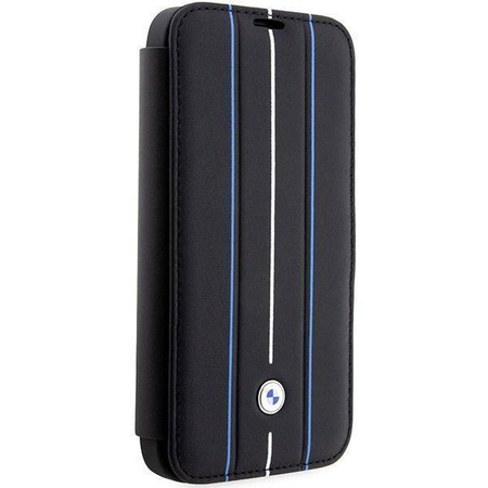 Oryginalne Etui IPHONE 14 PRO MAX BMW Bookcase Leather Stamp Blue Lines (BMBKP14X22RVSK) czarne