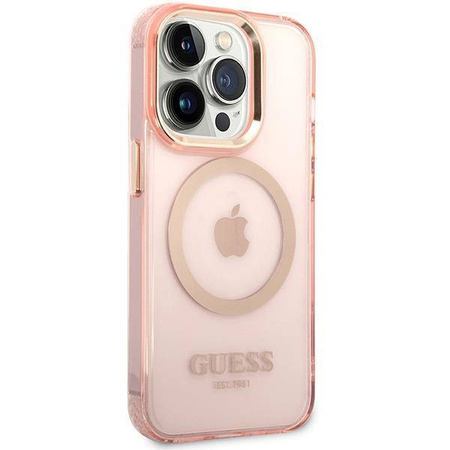 Original Handyhülle IPHONE 14 PRO MAX Guess Hard Case Gold Outline Translucent MagSafe (GUHMP14XHTCMP) rosa