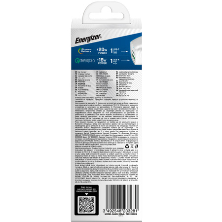 Energizer Ultimate - Ładowarka samochodowa USB-C & USB-A 38W PD + QC3.0 (Biały / Srebrny)