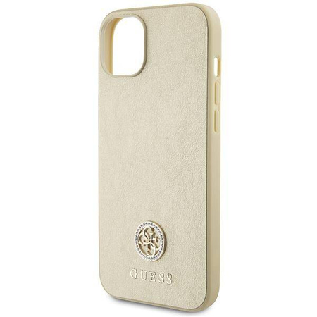Guess Leder 4G Metal Logo Strass Hülle für iPhone 15 – Gold