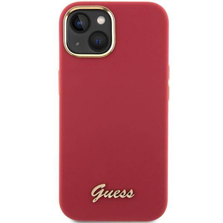 Guess Silikon Script Metal Logo & Frame Hülle für iPhone 15 – Rot