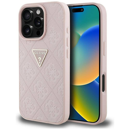 Schutzhülle IPHONE 16 PRO MAX Guess Hot Stamp 4G Pattern Triangle Metal Logo rosa