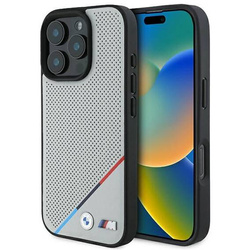Original Handyhülle IPHONE 16 PRO BMW Hardcase M Perforated Tricolor Line MagSafe (BMHMP16L23PUPDG) grau