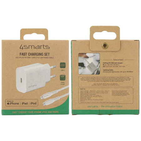 Ładowarka sieciowa 4smarts VoltPlug 20W  PD USB-C z kable USB-C do Lightning biały