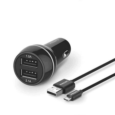 ŁADOWARKA SAMOCHODOWA 2A+1A CZARNA PHILIPS + KABEL MICRO USB 3100mA 2XUSB DUAL 15.5W QUICK CHARGE DLP2357U/10