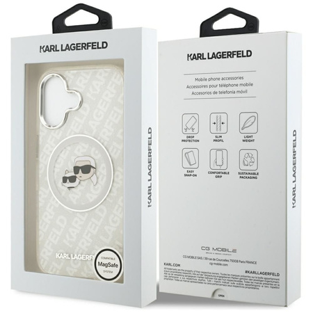 Karl Lagerfeld nakładka Magsafe IML glitter case metal camera frame and buttons Karl and Choupette heads on KL repeated logo do iPhone 17 szara