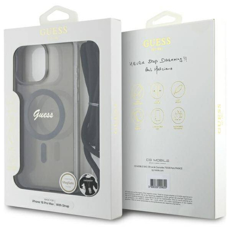 Original Handyhülle IPHONE 16 PRO MAX Guess Hardcase Crossbody Cord Script MagSafe (GUHMP16XHCTSGNSK) schwarz