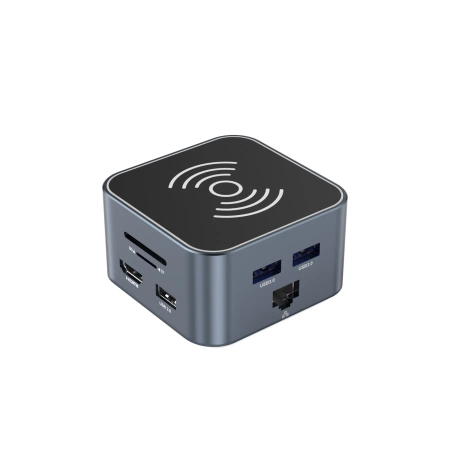 Hub USB-C 12 in 1 Wozinsky WHBC09Y8S multifunktional, mit kabelloser Ladefunktion, Aluminium, mit 15 cm Kabel - grau