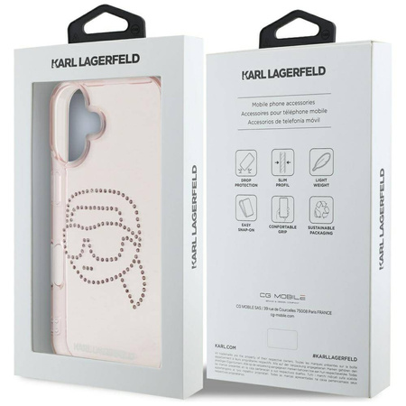 Original Handyhülle IPHONE 16 Karl Lagerfeld Hardcase IML Rhinestones Karl Head rosa