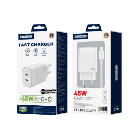 JELLICO ładowarka sieciowa C106 GaN PD 45W 2xUSB-C + kabel USB-C - Lightning Biały