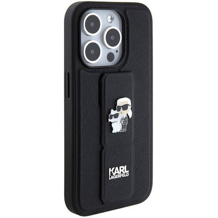 Karl Lagerfeld Gripstand Saffiano Karl&amp;Choupette Pins case for iPhone 15 Pro - black