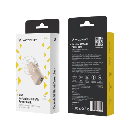 Wozinsky WF16-YLS 5000 mAh 15 W Lightning Mini-Powerbank mit integriertem USB-C-Kabel und Apple Watch Ladegerät – Beige