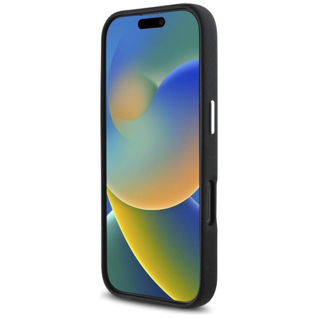 Original Handyhülle IPHONE 16 PRO MAX Karl Lagerfeld Saffiano Full Wrapped Elongated Metal Logo MagSafe schwarz